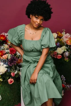 Baltic Born Cindy Puff Sleeve Tiered Dress | Dusty Green