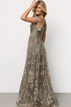 Baltic Born Corinne Shimmer Maxi Gown | Dark Sage + Rose Gold