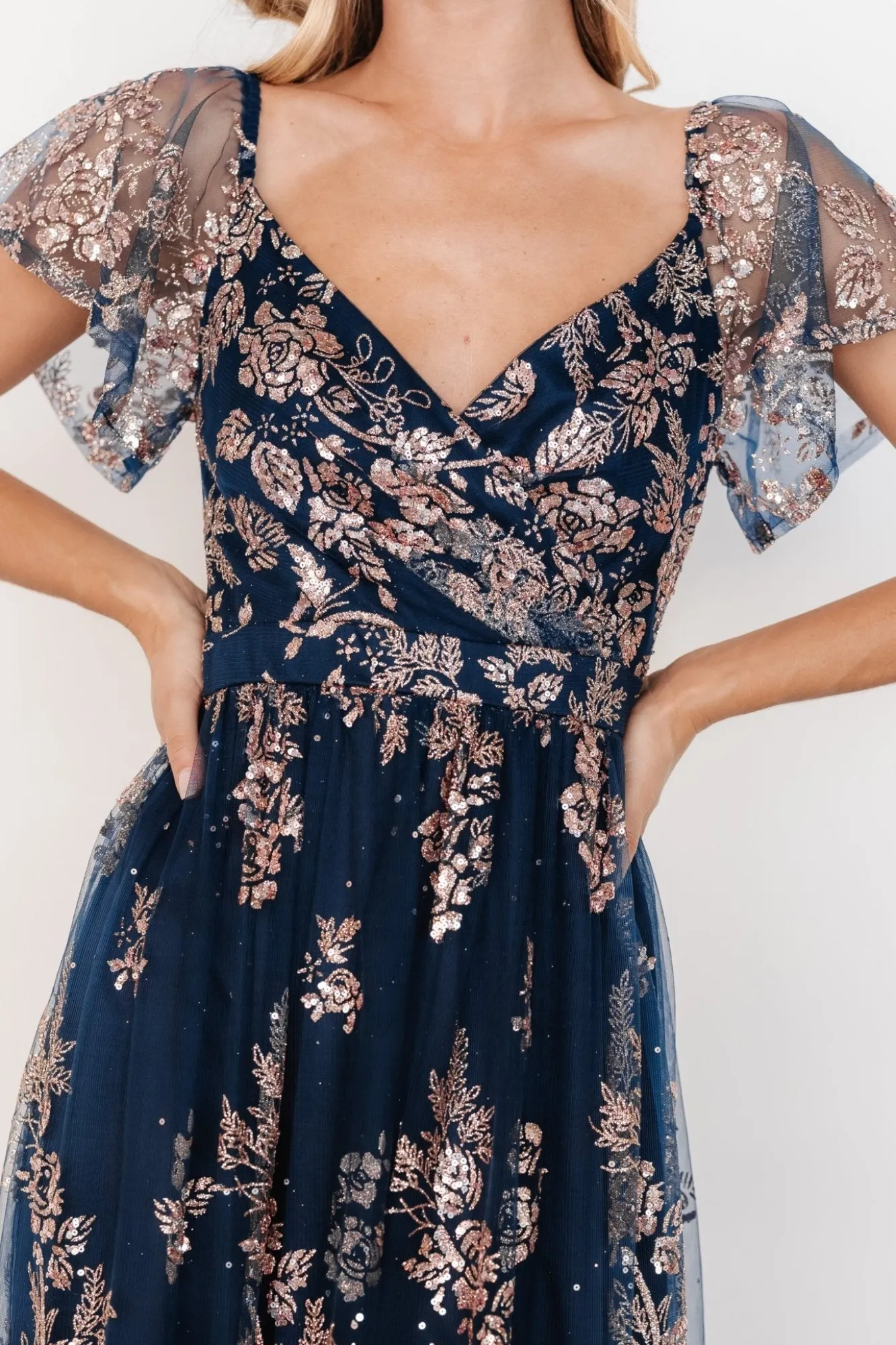 Baltic Born Corinne Shimmer Maxi Gown | Navy + Rose Gold