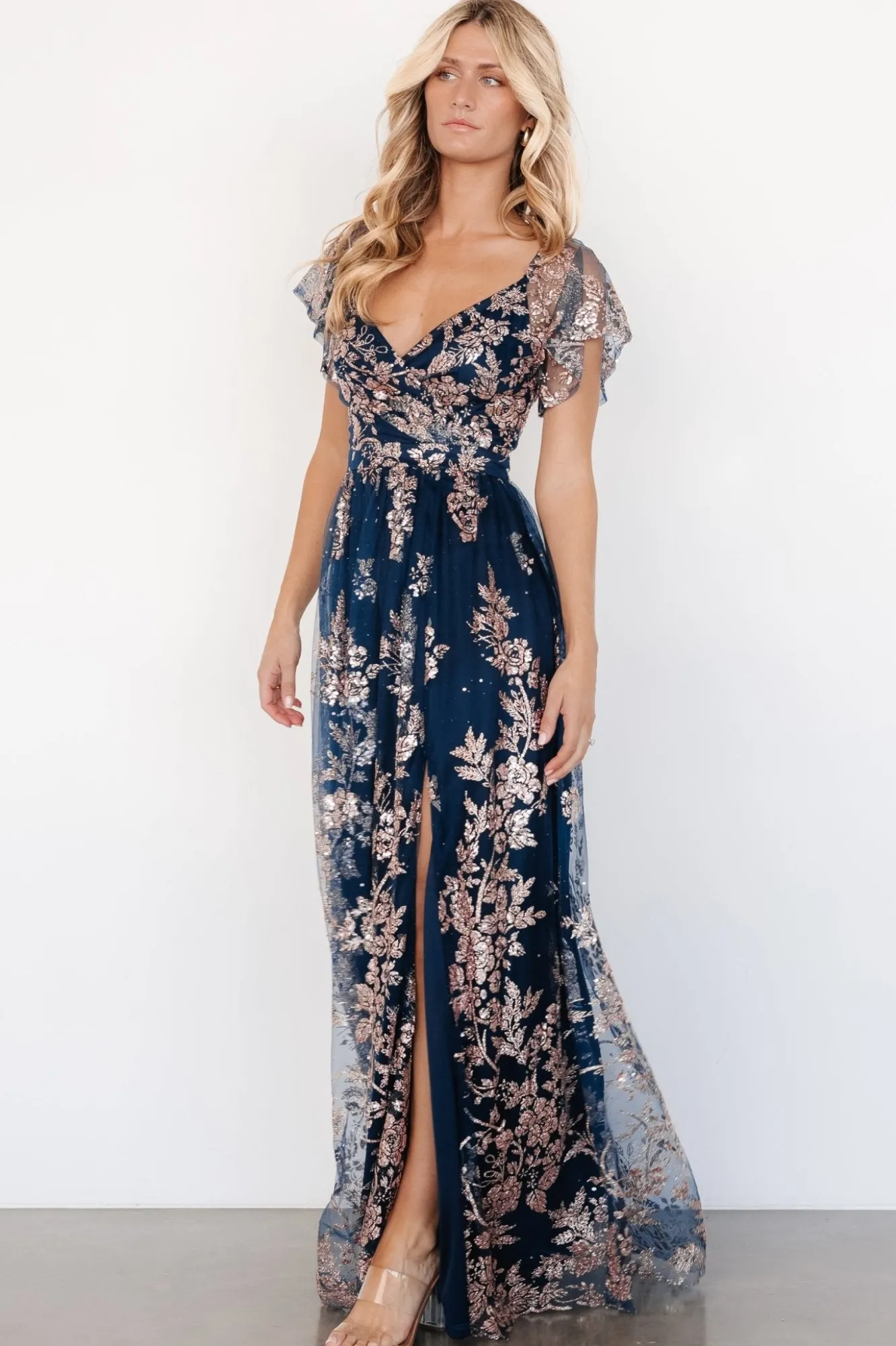 Baltic Born Corinne Shimmer Maxi Gown | Navy + Rose Gold