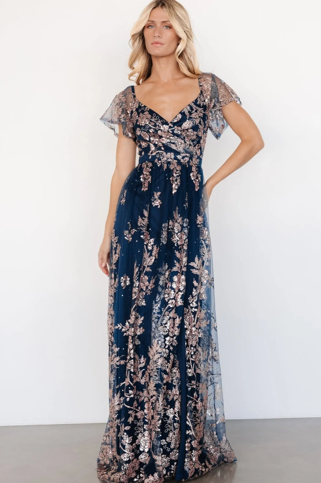 Baltic Born Corinne Shimmer Maxi Gown | Navy + Rose Gold