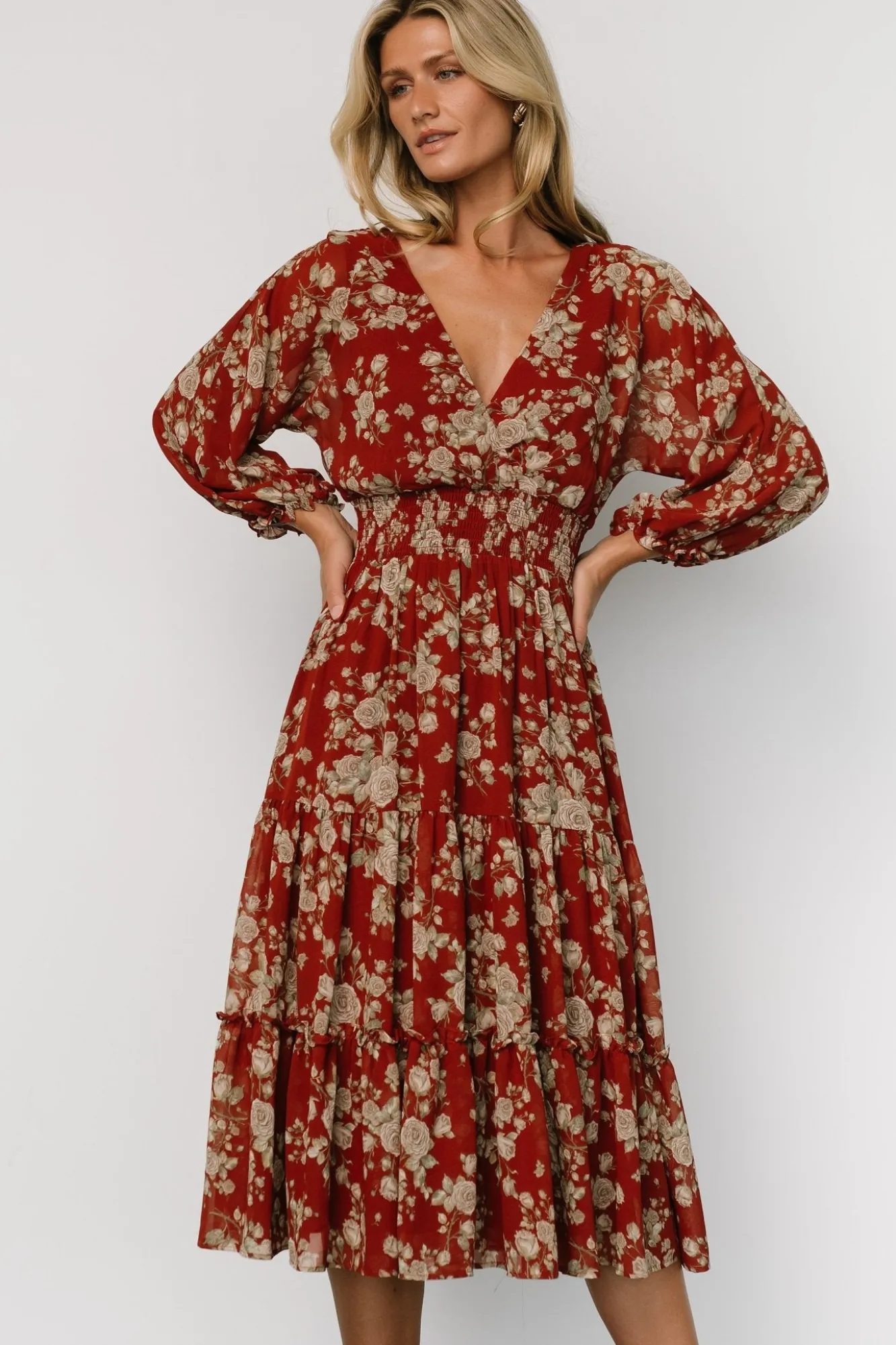 Baltic Born Coventry Tiered Midi Dress | Rust Floral
