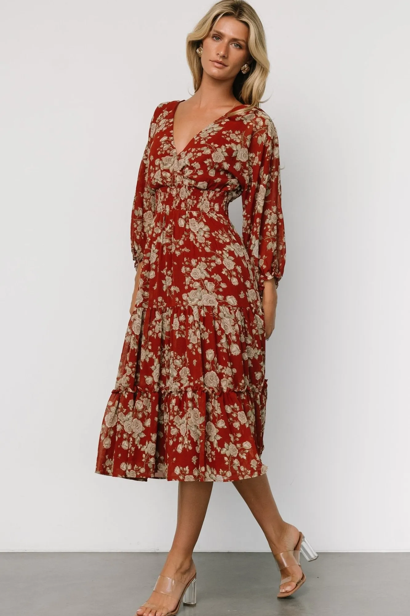 Baltic Born Coventry Tiered Midi Dress | Rust Floral