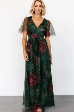 Baltic Born Cressida Tulle Maxi Dress | Dark Green + Red Floral