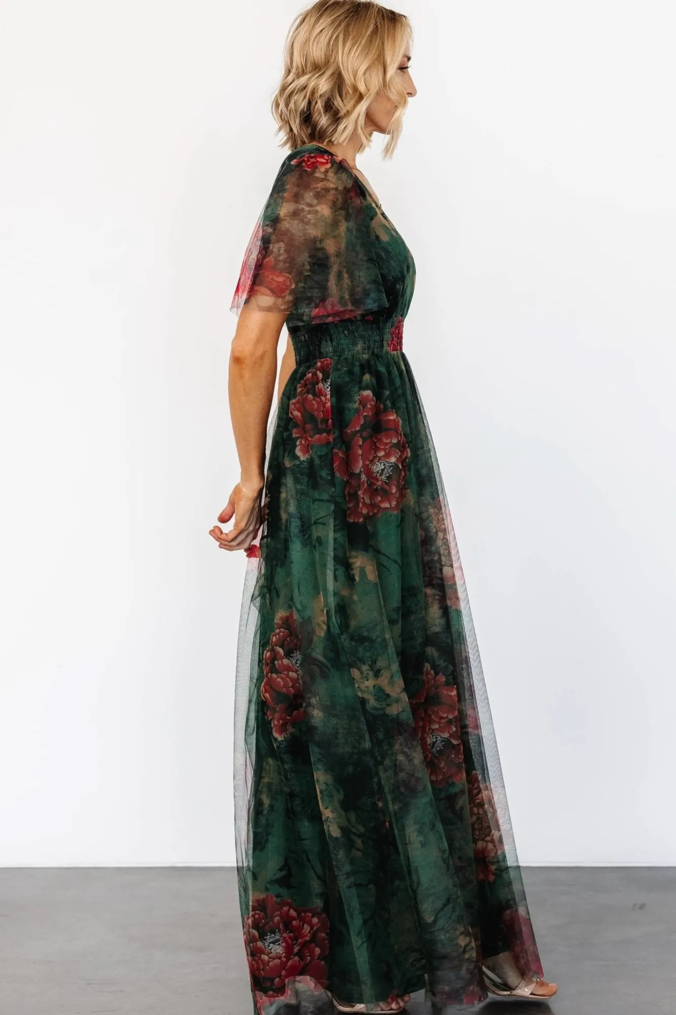 Baltic Born Cressida Tulle Maxi Dress | Dark Green + Red Floral