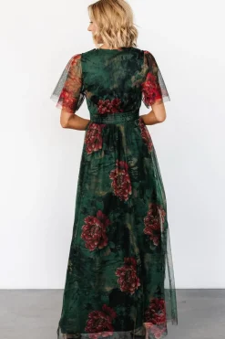 Baltic Born Cressida Tulle Maxi Dress | Dark Green + Red Floral
