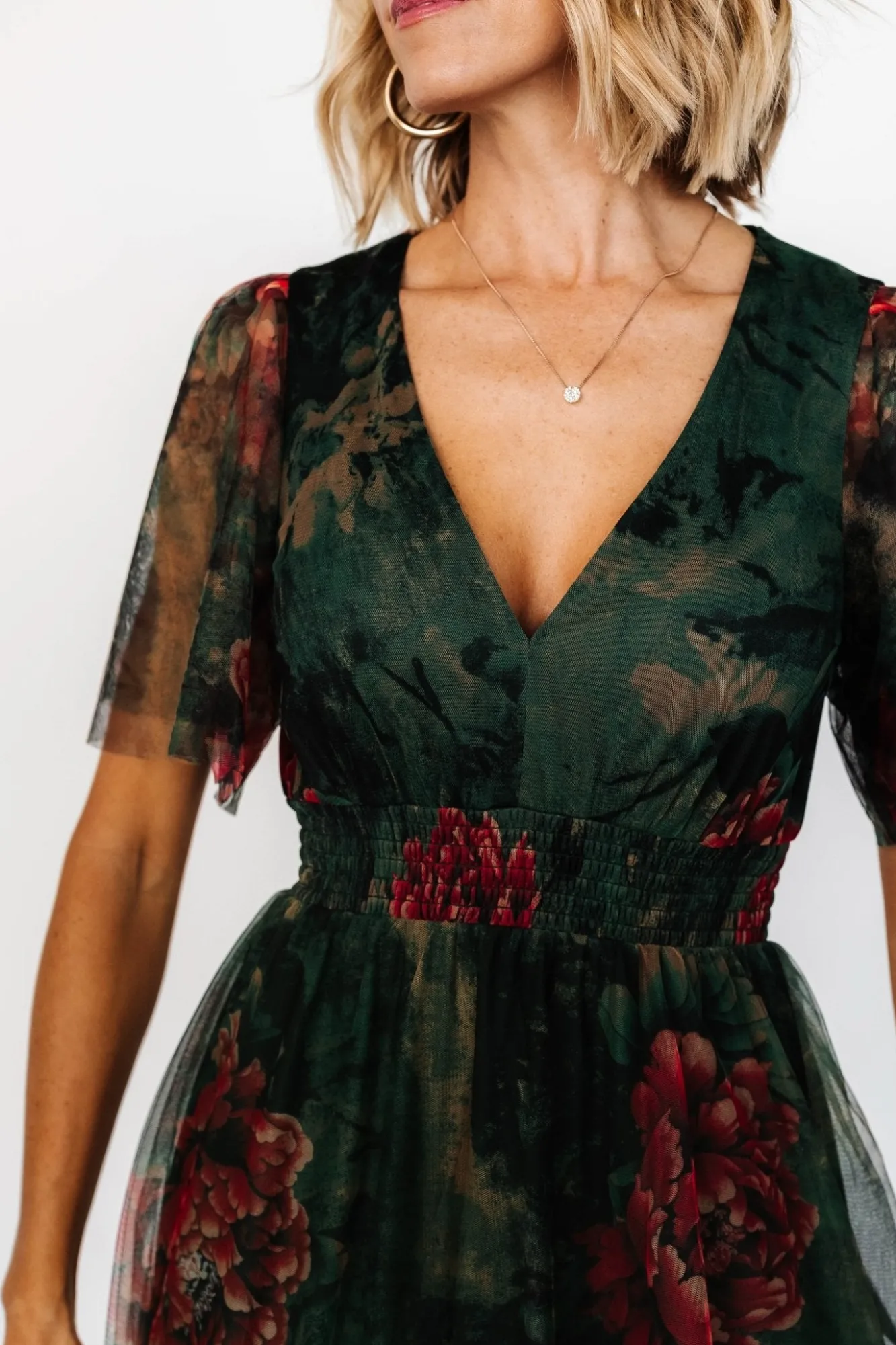 Baltic Born Cressida Tulle Maxi Dress | Dark Green + Red Floral