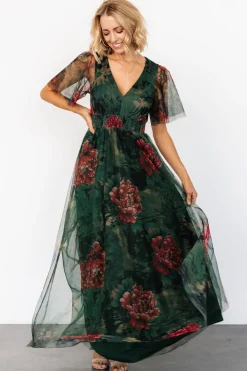 Baltic Born Cressida Tulle Maxi Dress | Dark Green + Red Floral