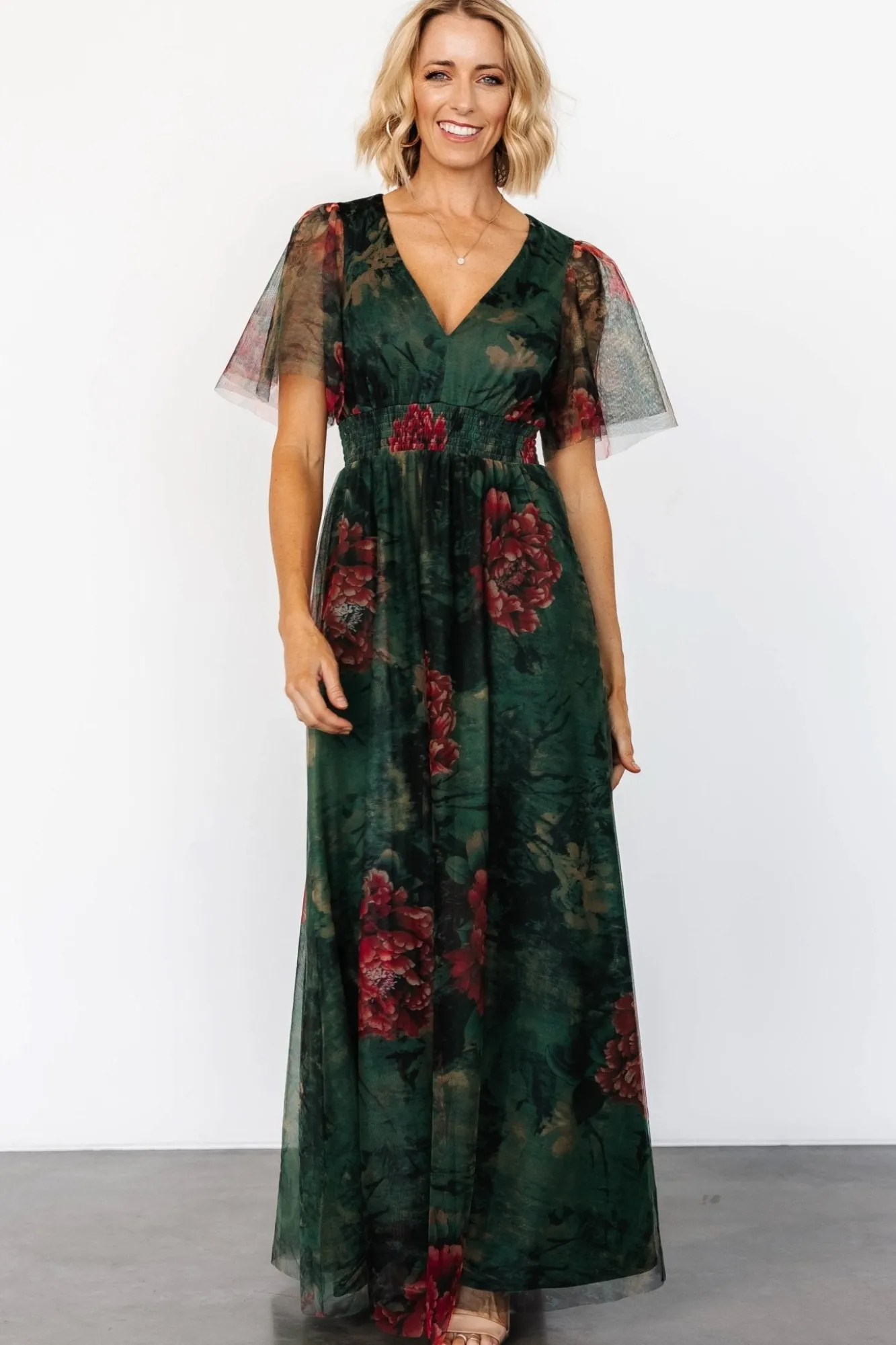 Baltic Born Cressida Tulle Maxi Dress | Dark Green + Red Floral