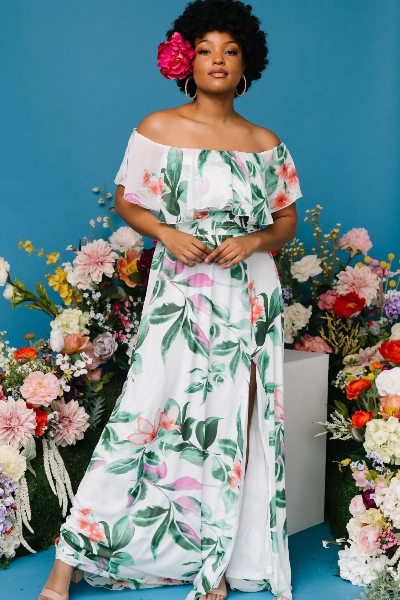Baltic Born Daphne Off Shoulder Maxi Dress | White + Green Multi Floral