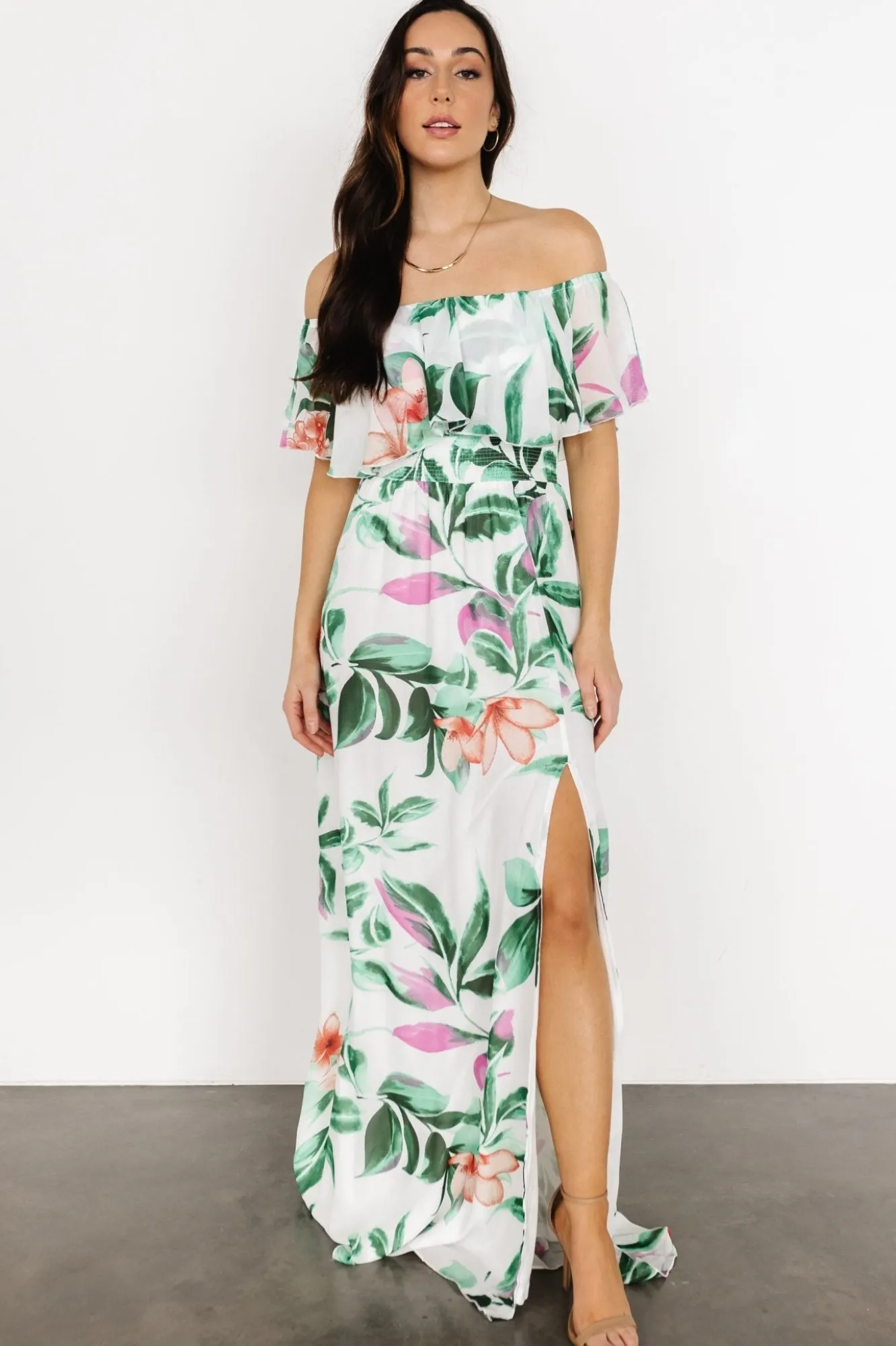 Baltic Born Daphne Off Shoulder Maxi Dress | White + Green Multi Floral