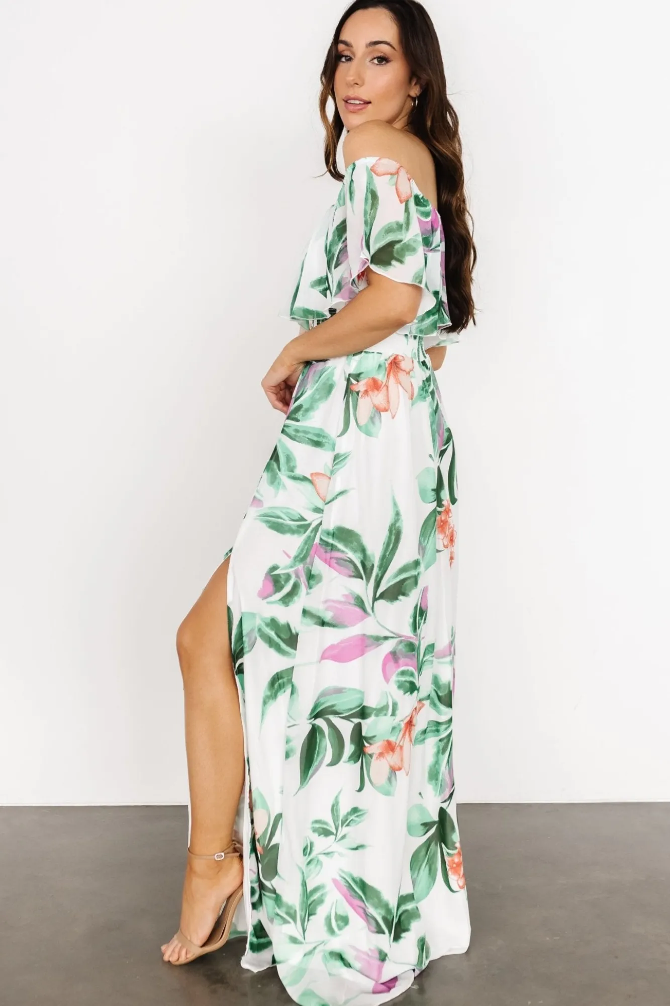 Baltic Born Daphne Off Shoulder Maxi Dress | White + Green Multi Floral