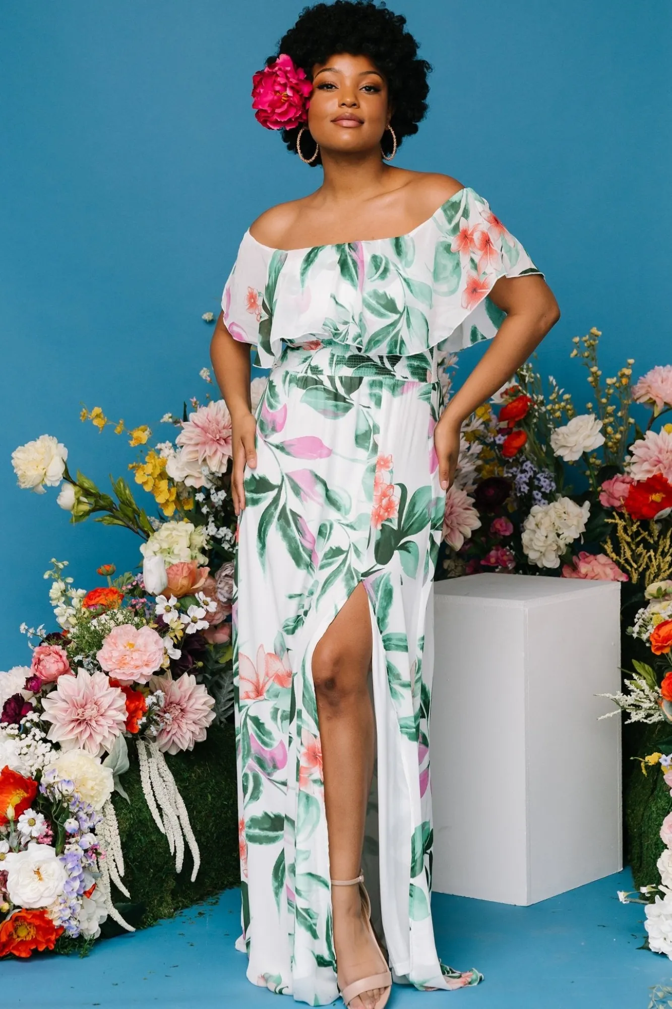 Baltic Born Daphne Off Shoulder Maxi Dress | White + Green Multi Floral
