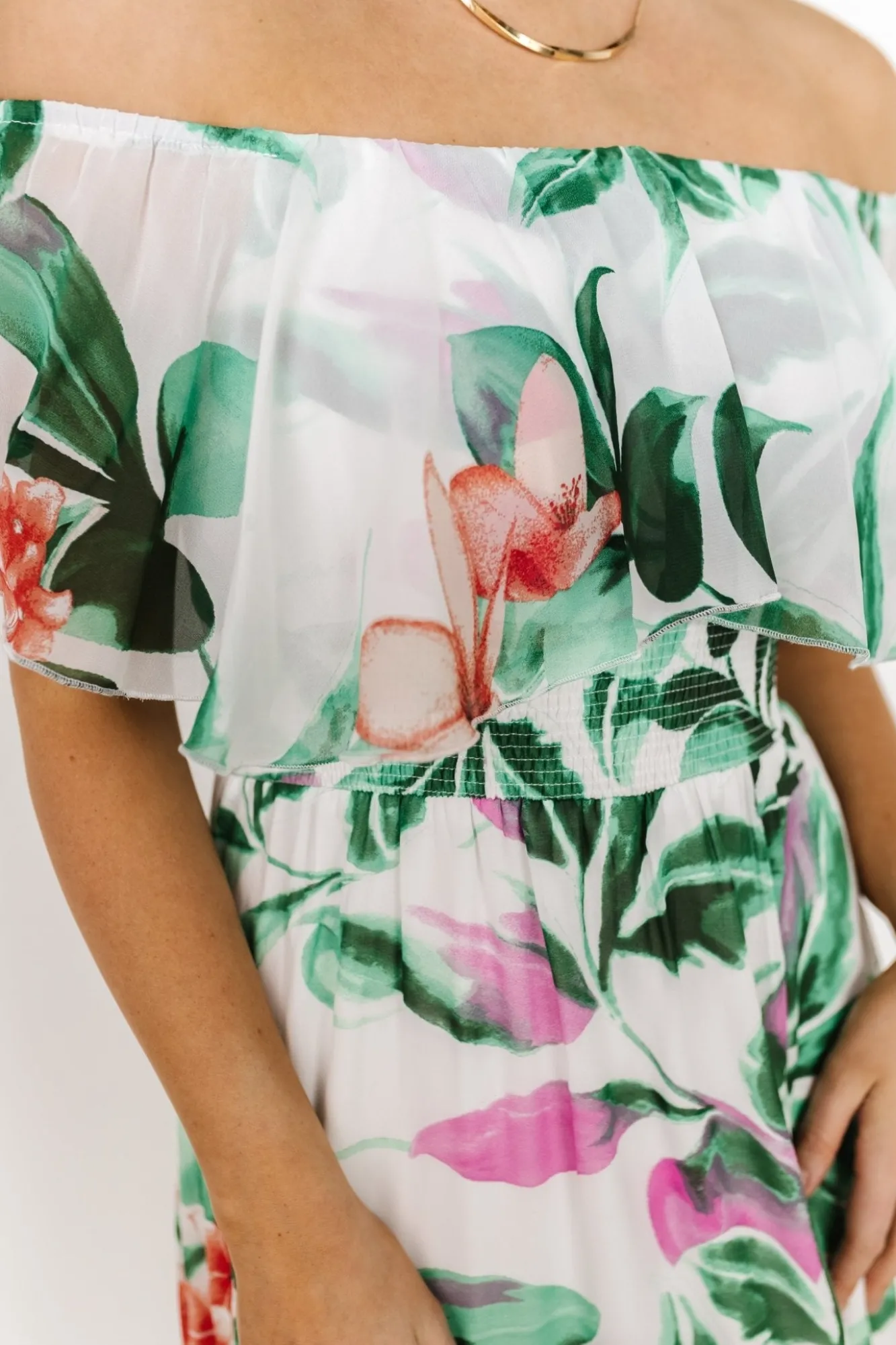 Baltic Born Daphne Off Shoulder Maxi Dress | White + Green Multi Floral