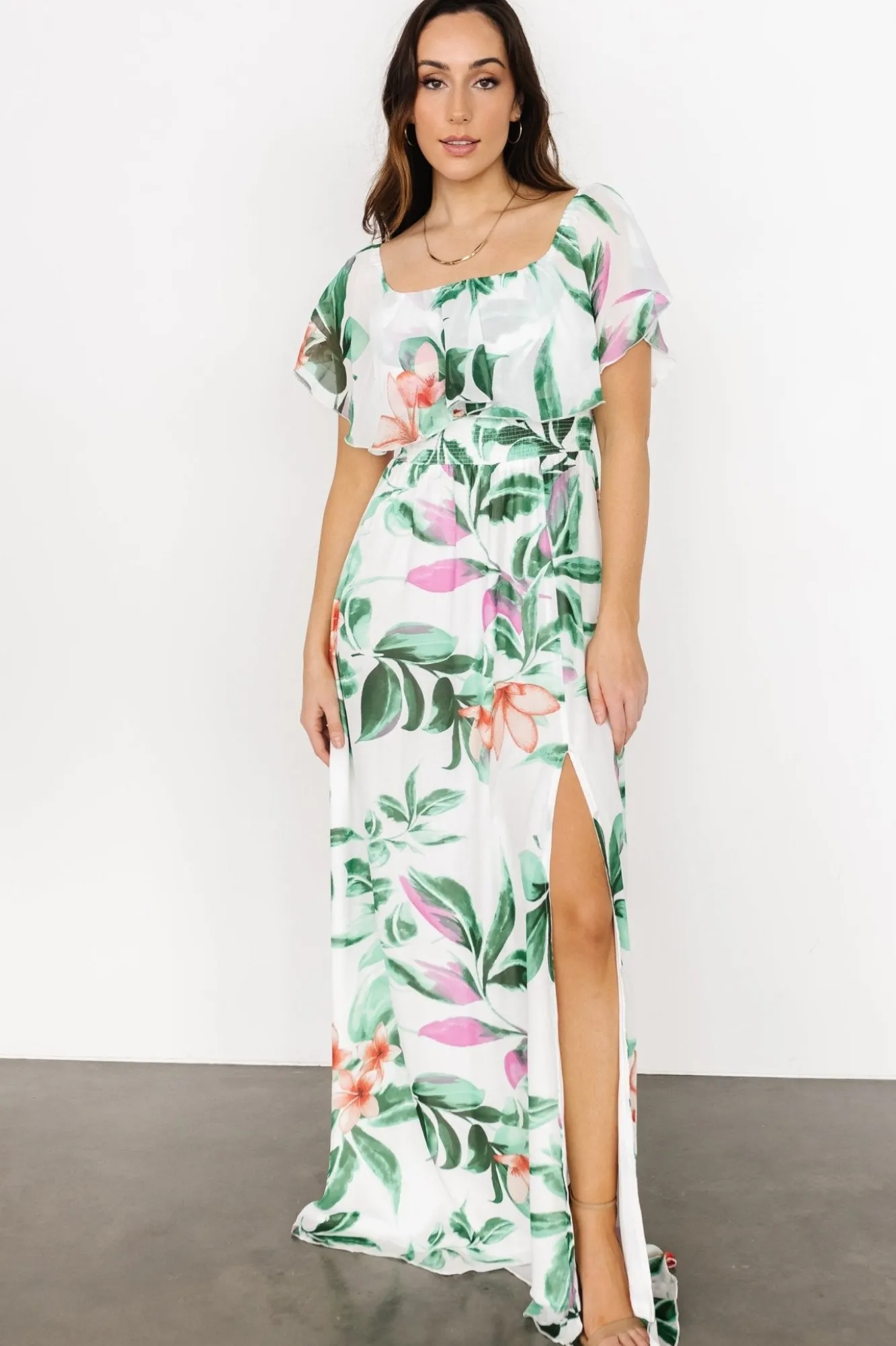 Baltic Born Daphne Off Shoulder Maxi Dress | White + Green Multi Floral