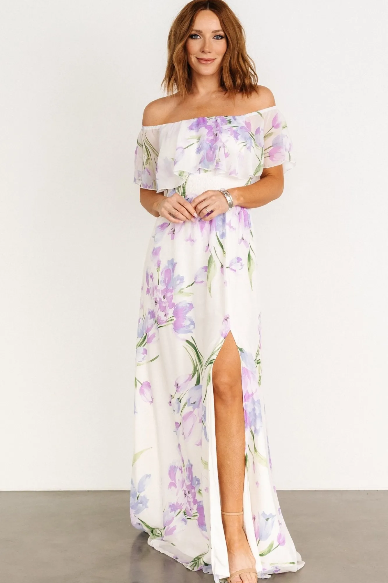 Baltic Born Daphne Off Shoulder Maxi Dress | Ivory + Lavender Floral