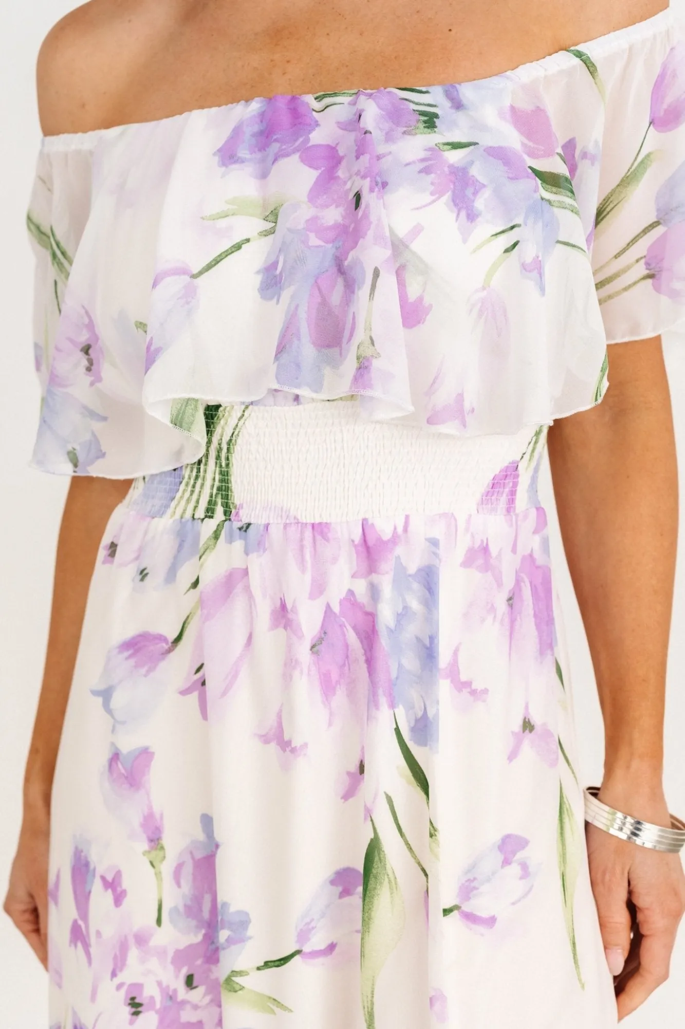 Baltic Born Daphne Off Shoulder Maxi Dress | Ivory + Lavender Floral