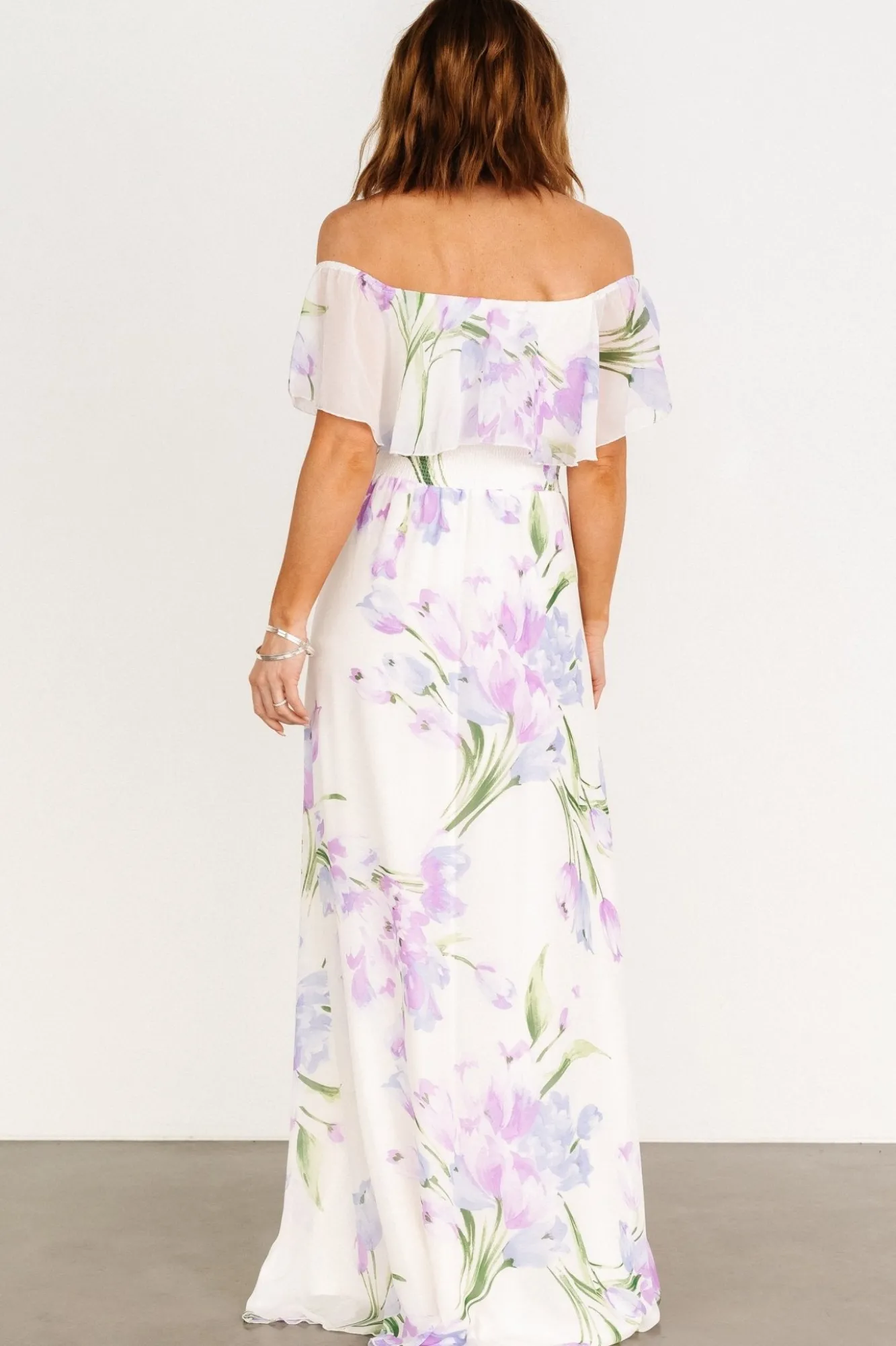 Baltic Born Daphne Off Shoulder Maxi Dress | Ivory + Lavender Floral