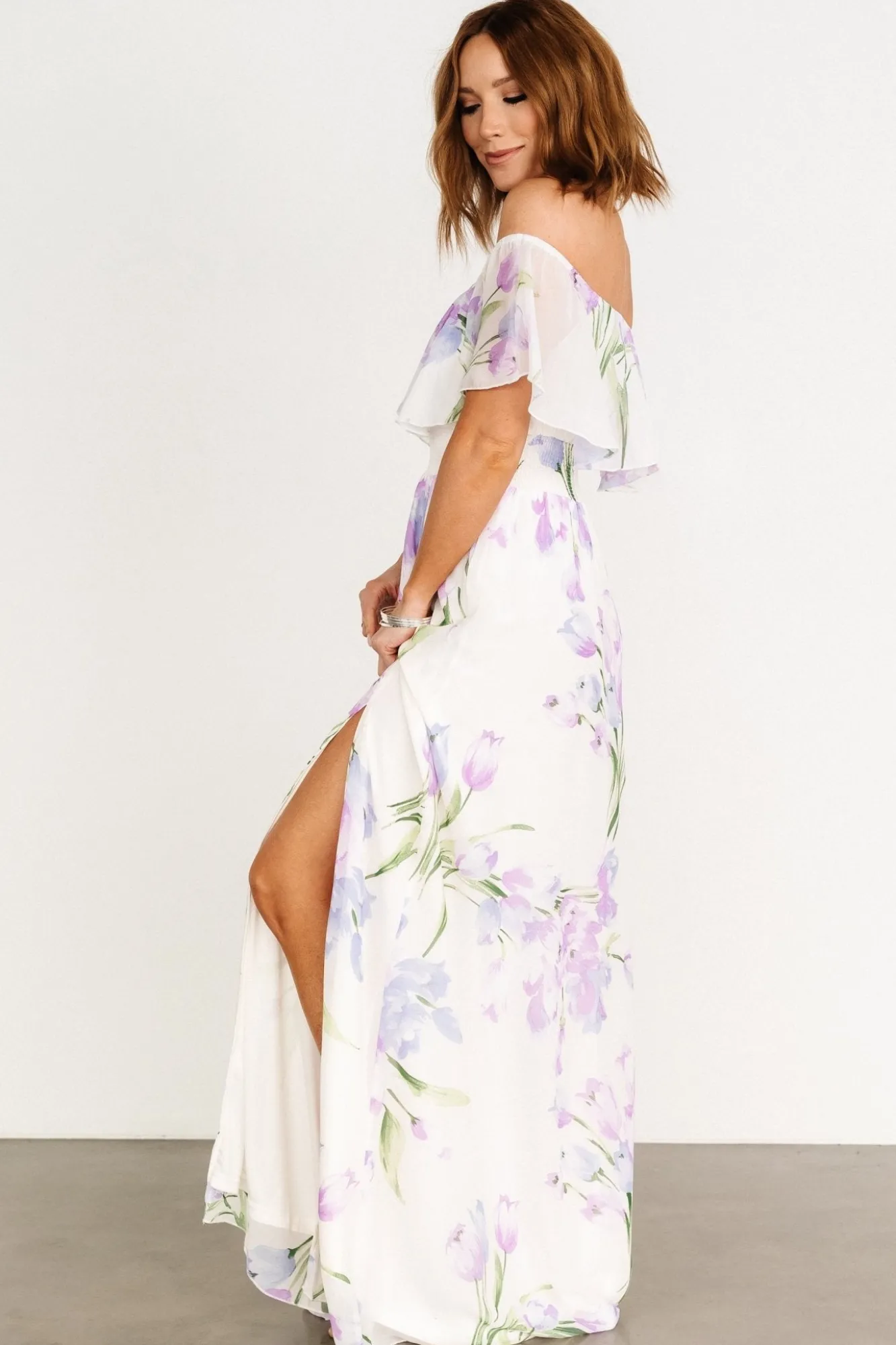 Baltic Born Daphne Off Shoulder Maxi Dress | Ivory + Lavender Floral
