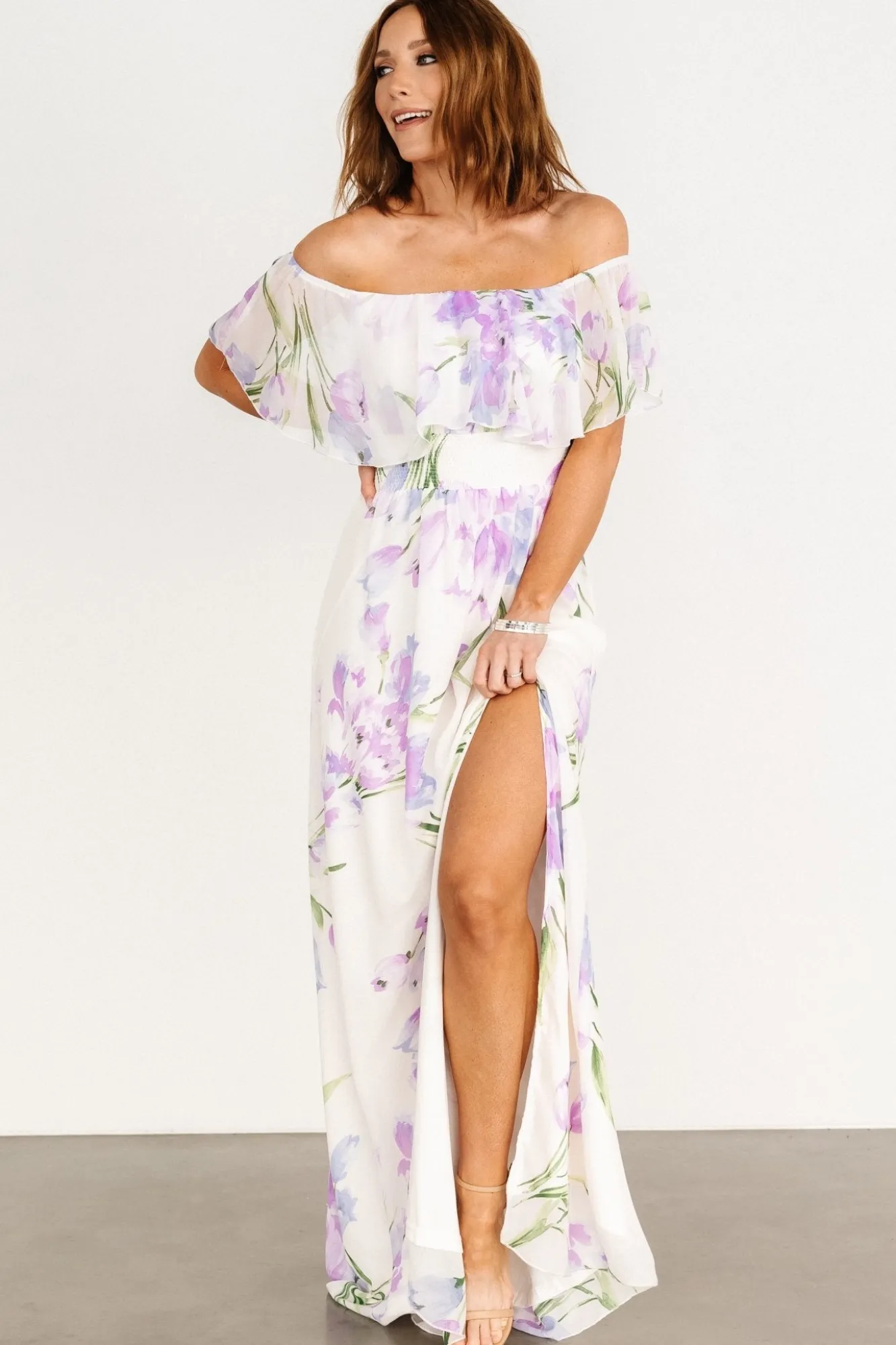 Baltic Born Daphne Off Shoulder Maxi Dress | Ivory + Lavender Floral