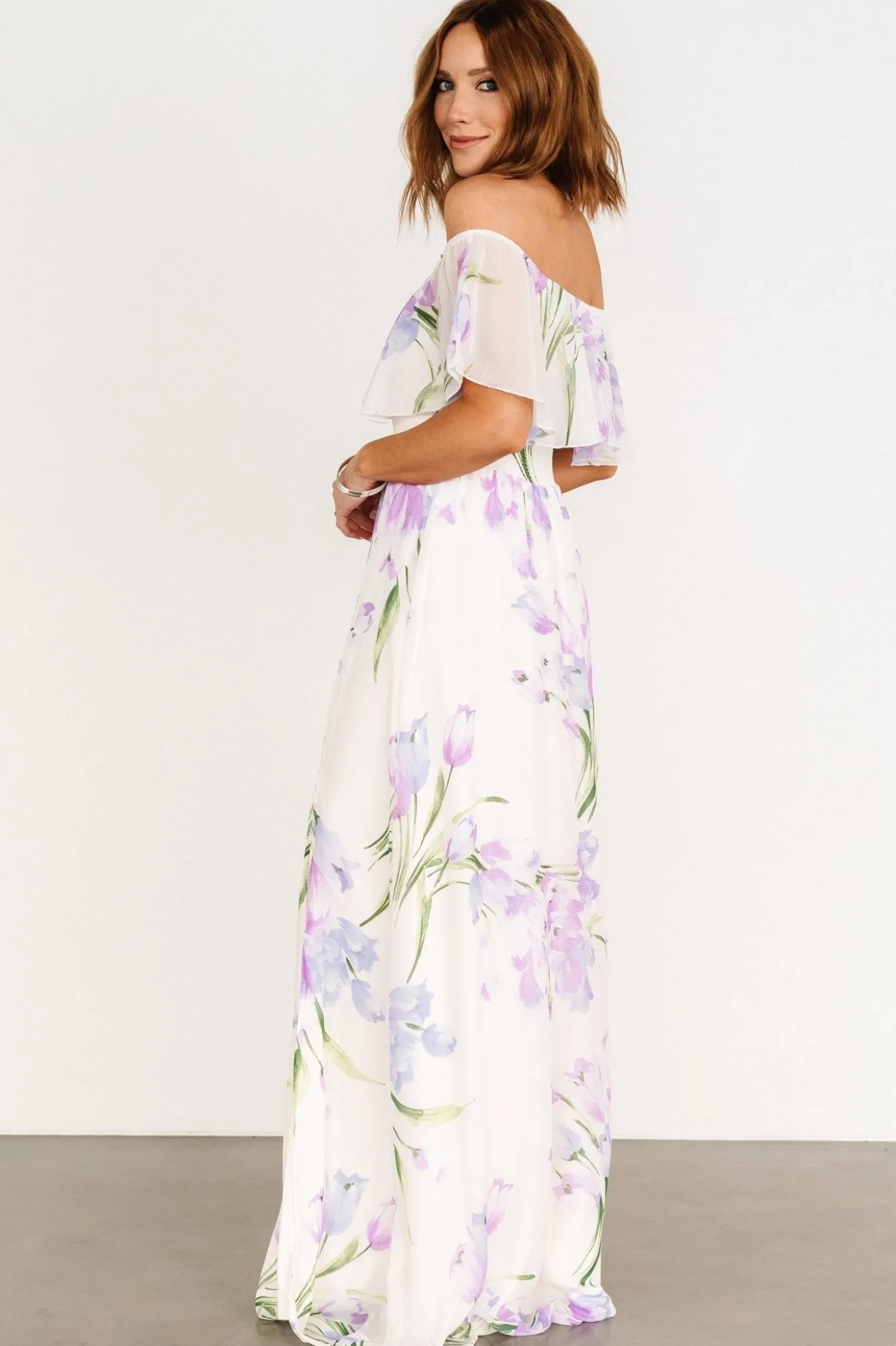 Baltic Born Daphne Off Shoulder Maxi Dress | Ivory + Lavender Floral