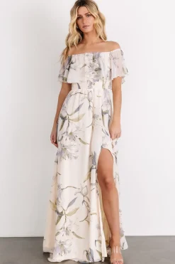 Baltic Born Daphne Off Shoulder Maxi Dress | Beige + Blue Floral