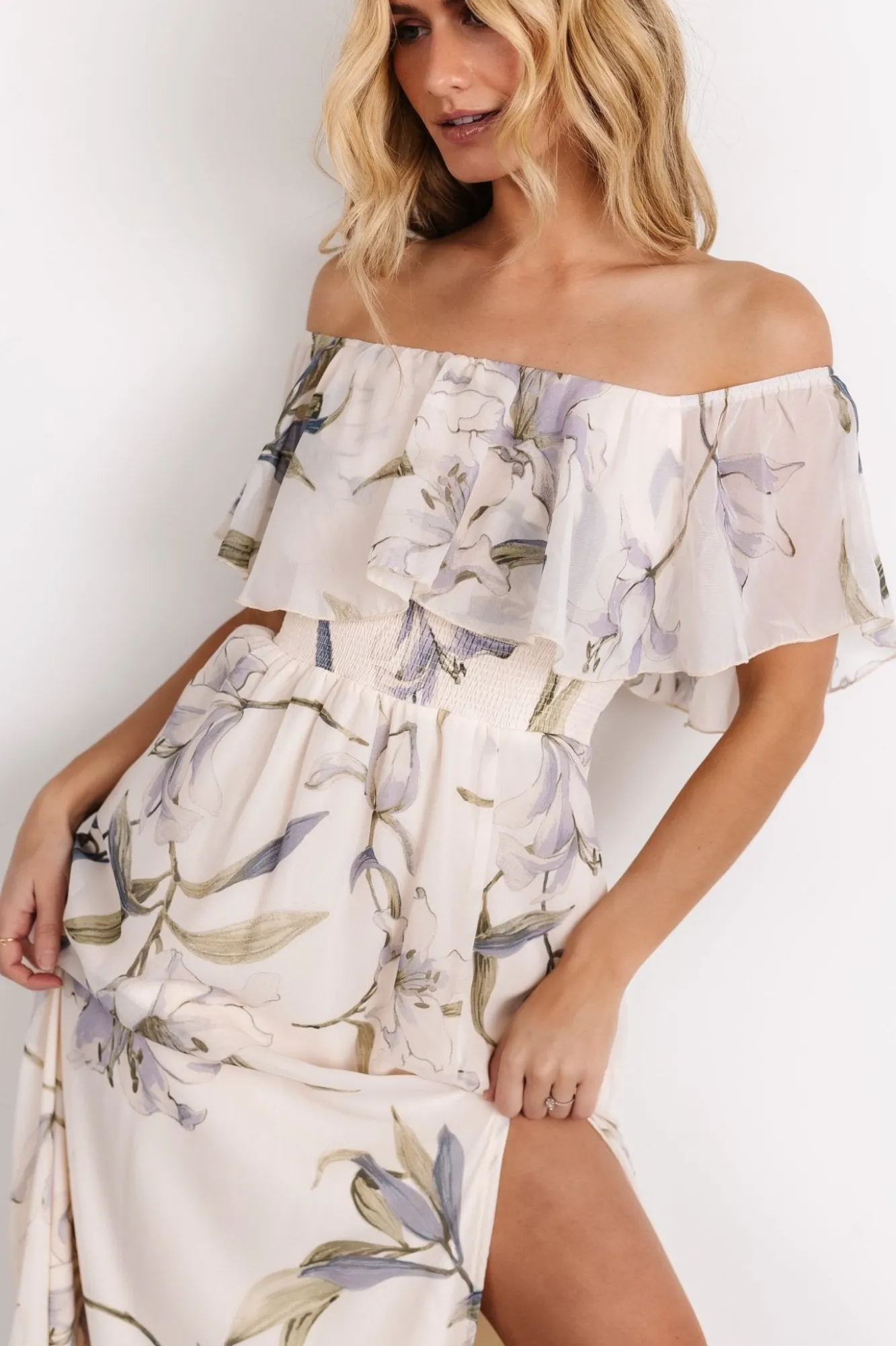 Baltic Born Daphne Off Shoulder Maxi Dress | Beige + Blue Floral