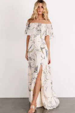 Baltic Born Daphne Off Shoulder Maxi Dress | Beige + Blue Floral