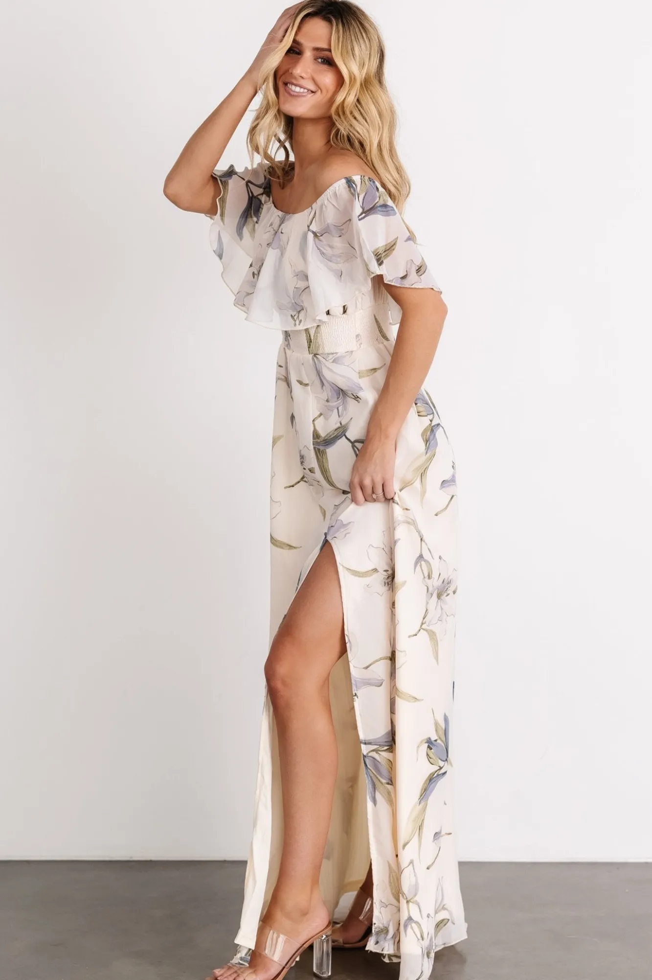 Baltic Born Daphne Off Shoulder Maxi Dress | Beige + Blue Floral