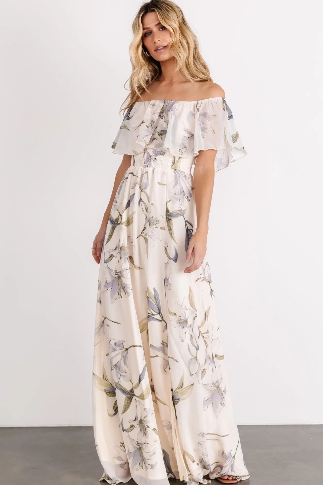 Baltic Born Daphne Off Shoulder Maxi Dress | Beige + Blue Floral