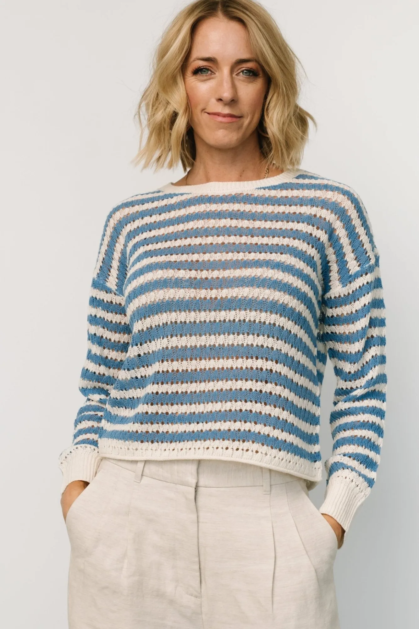 Baltic Born Dawn Open Knit Top | Blue + Ivory
