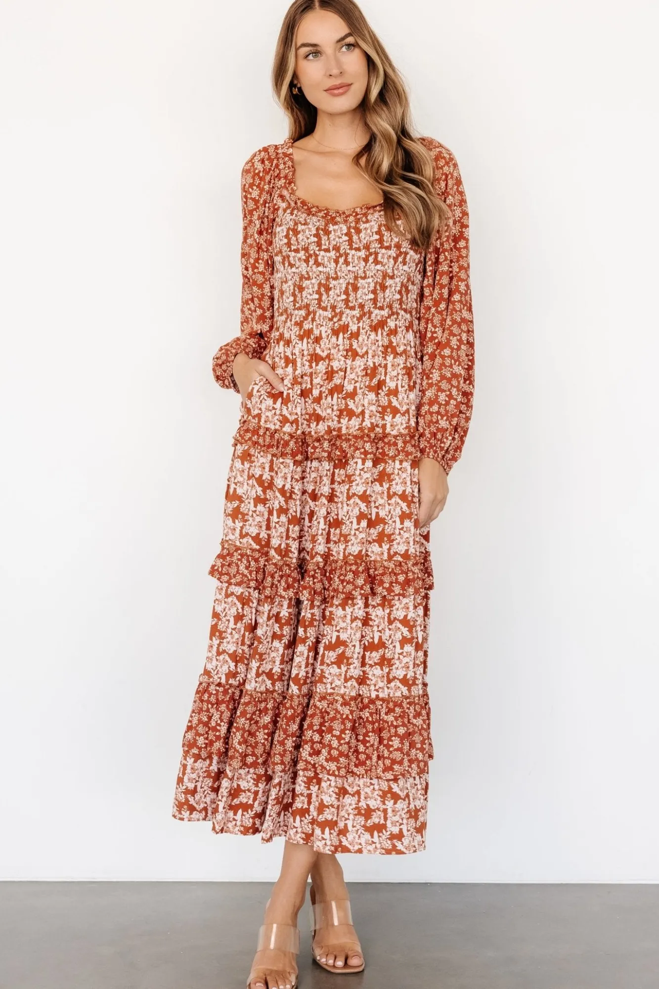 Baltic Born Dynah Tiered Dress | Rust +Cream Floral