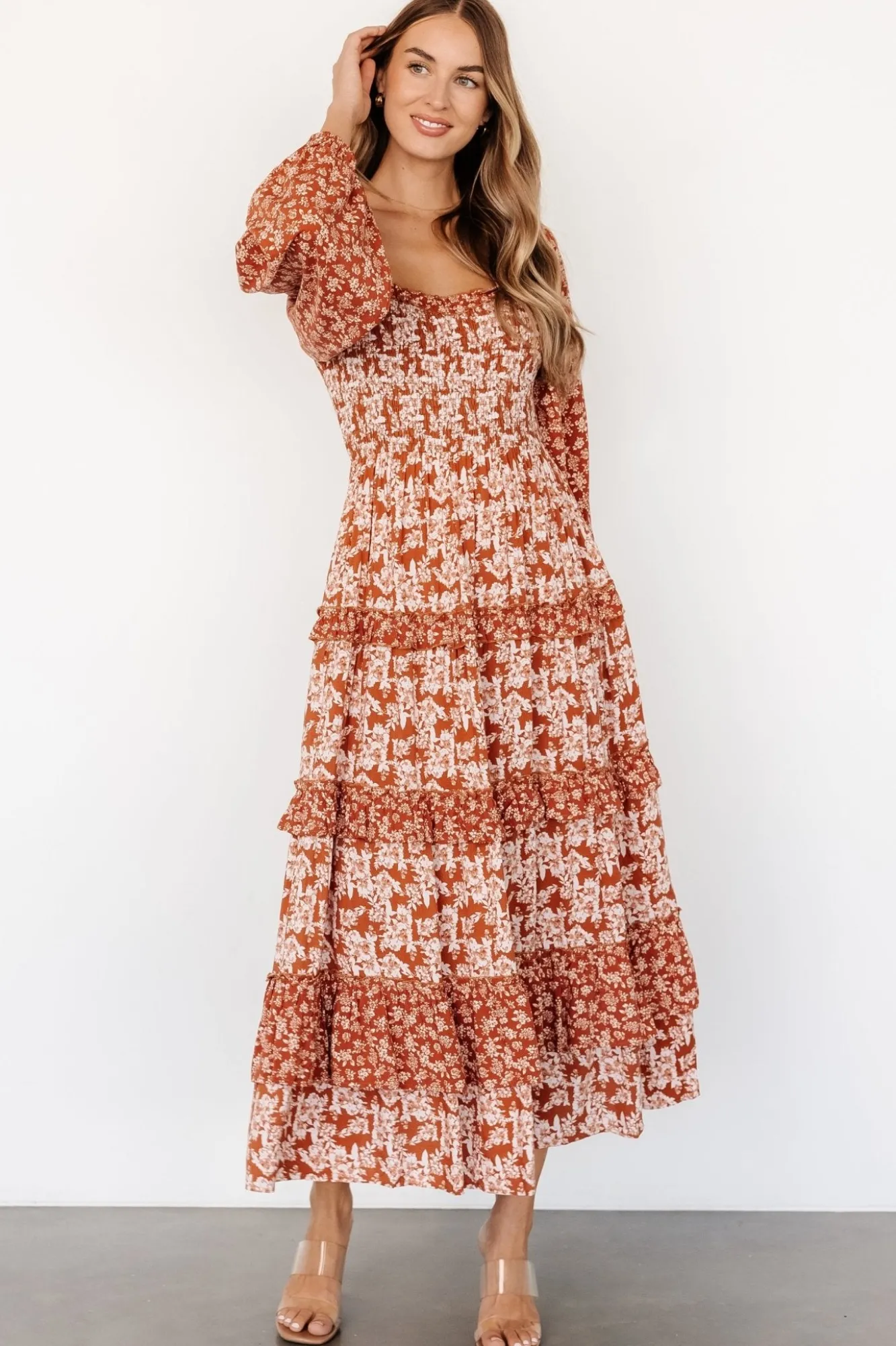Baltic Born Dynah Tiered Dress | Rust +Cream Floral