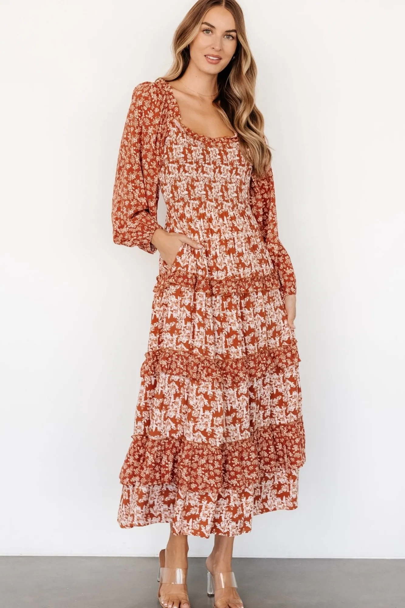 Baltic Born Dynah Tiered Dress | Rust +Cream Floral