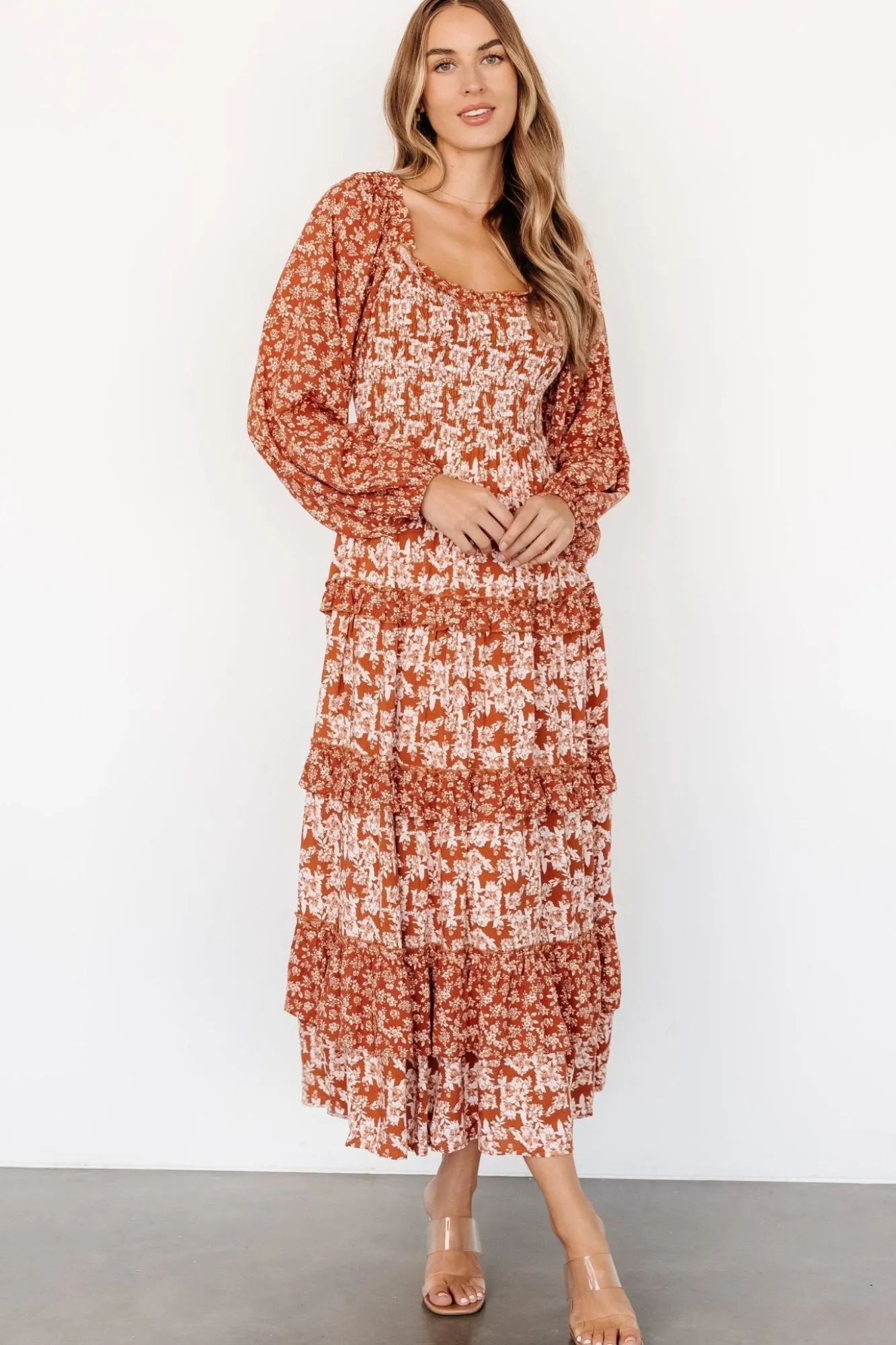 Baltic Born Dynah Tiered Dress | Rust +Cream Floral