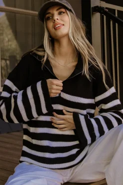 Baltic Born Elmer Striped Half Zip Sweater | Black + White