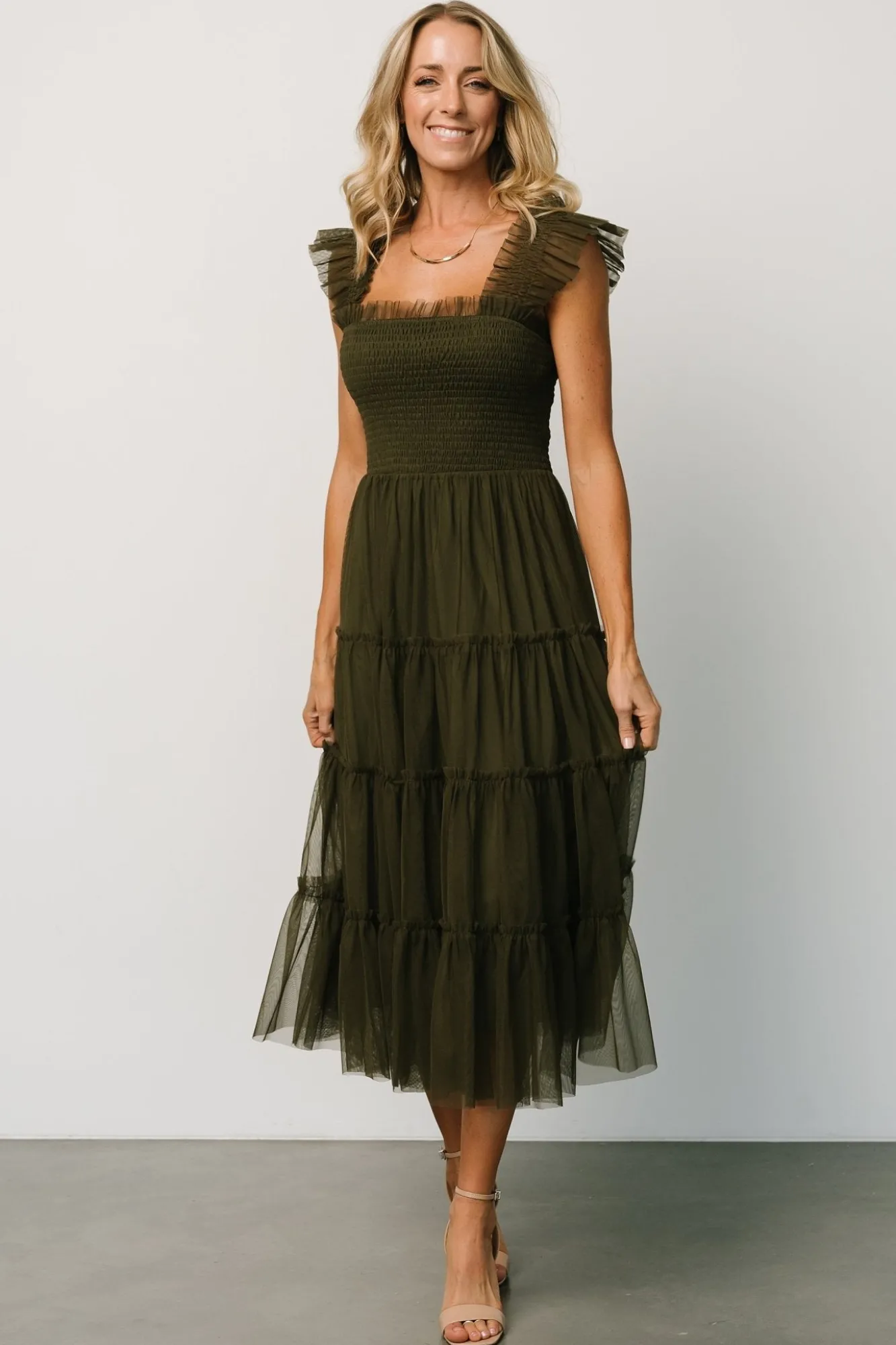 Baltic Born Emma Smocked Tulle Dress | Dark Olive