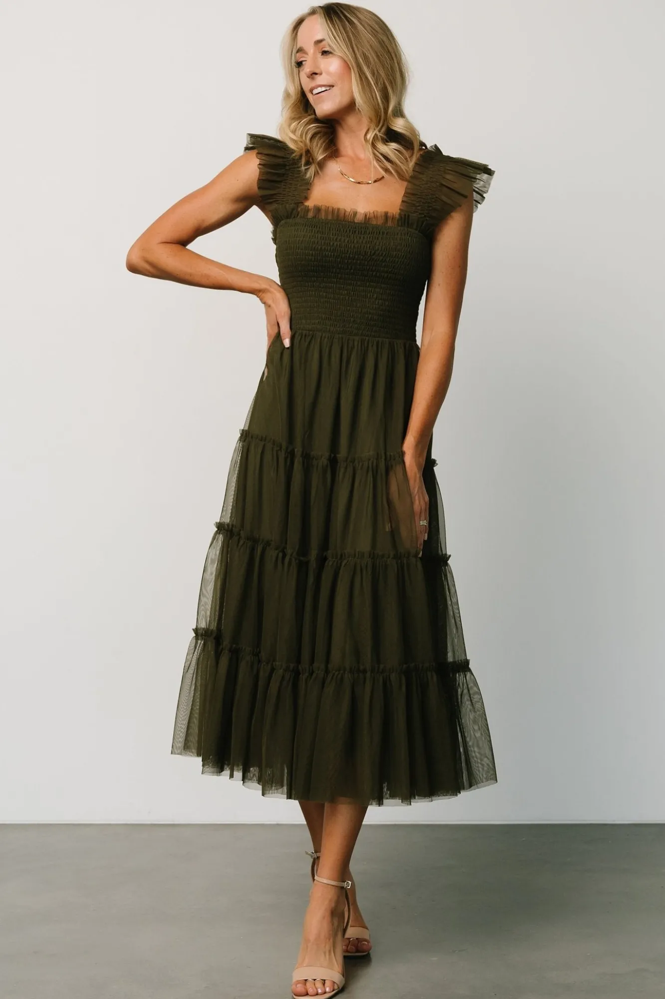 Baltic Born Emma Smocked Tulle Dress | Dark Olive