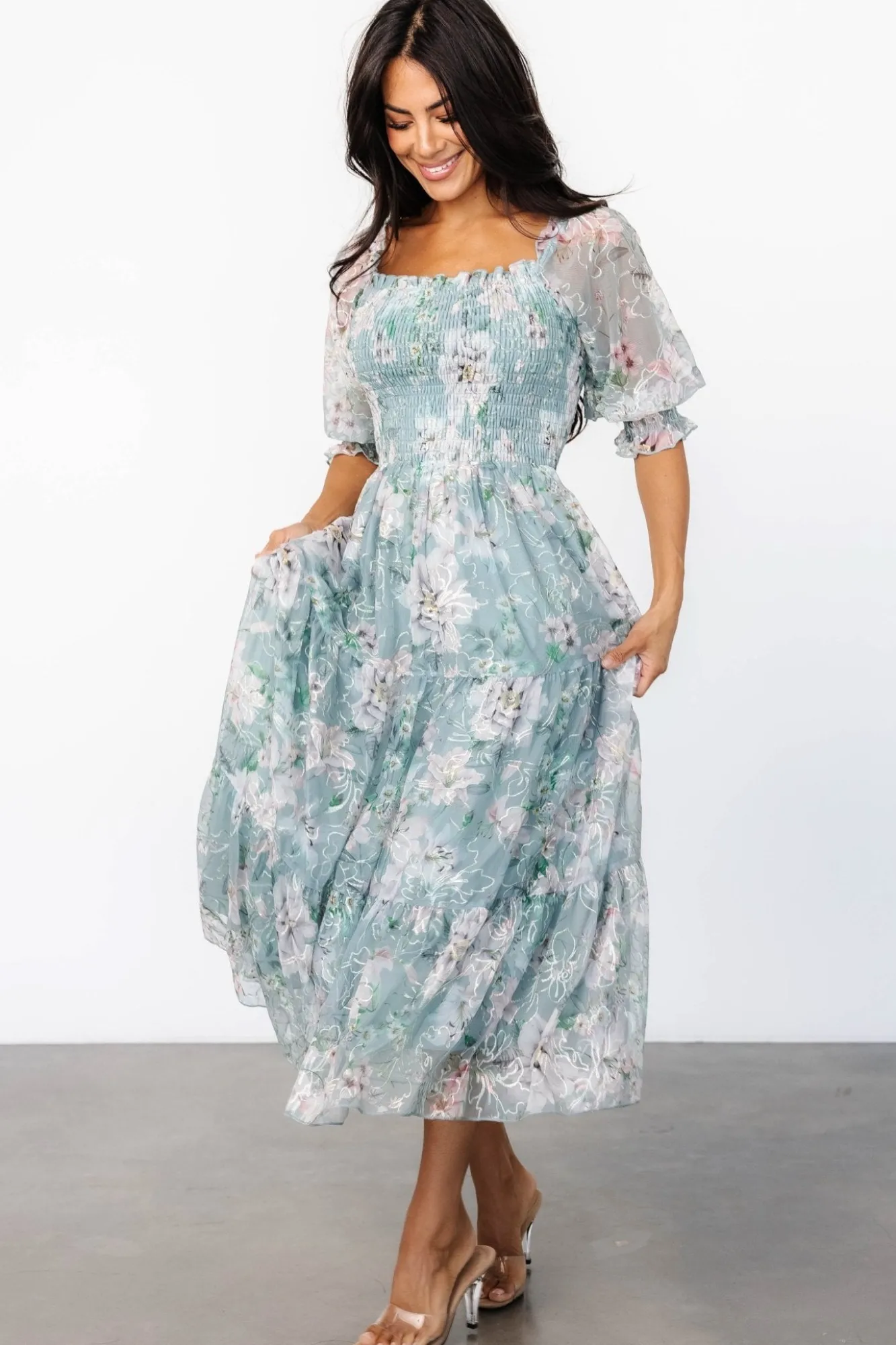 Baltic Born Fabian Jacquard Midi Dress | Light Sage + Blush