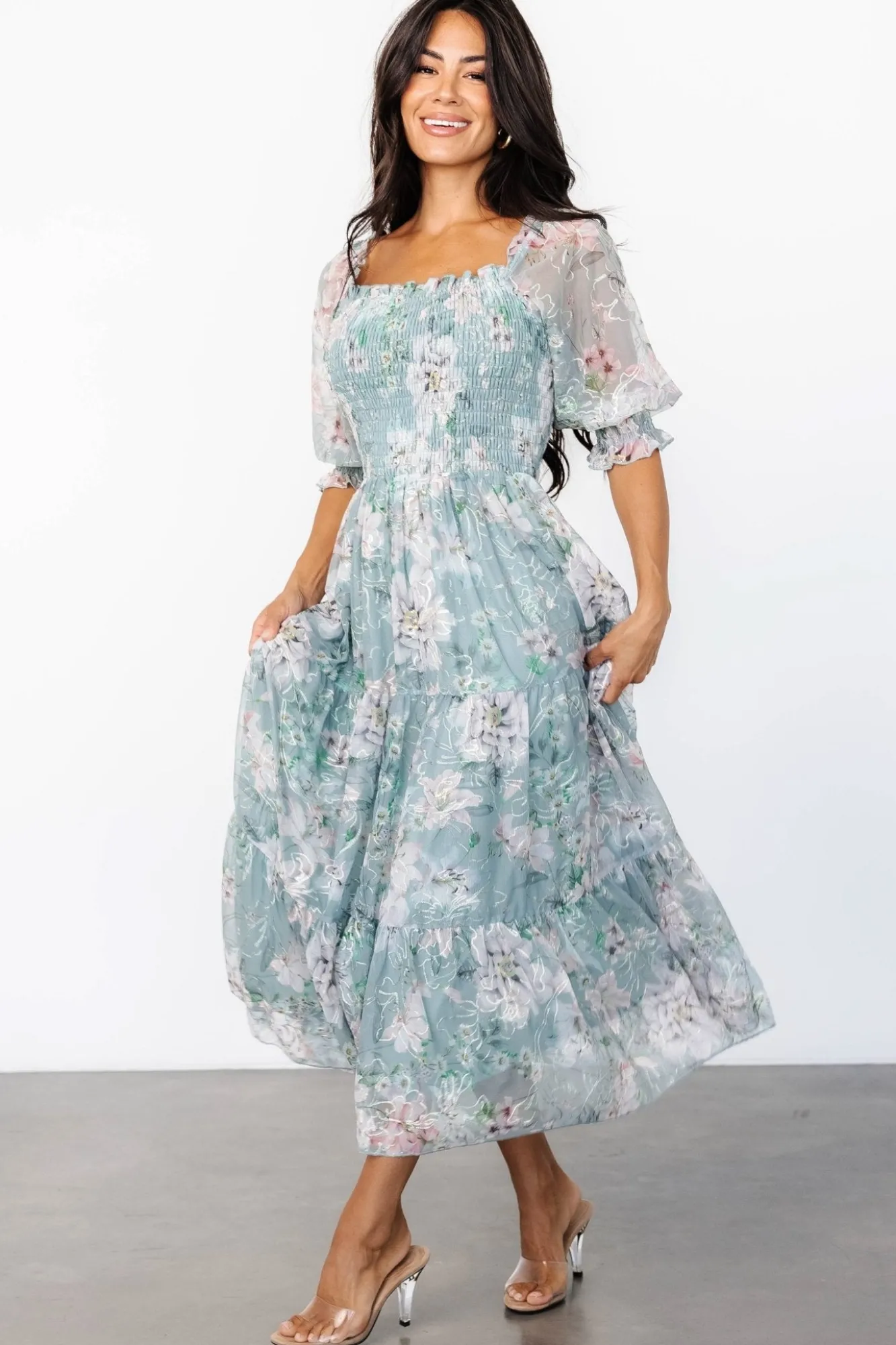 Baltic Born Fabian Jacquard Midi Dress | Light Sage + Blush