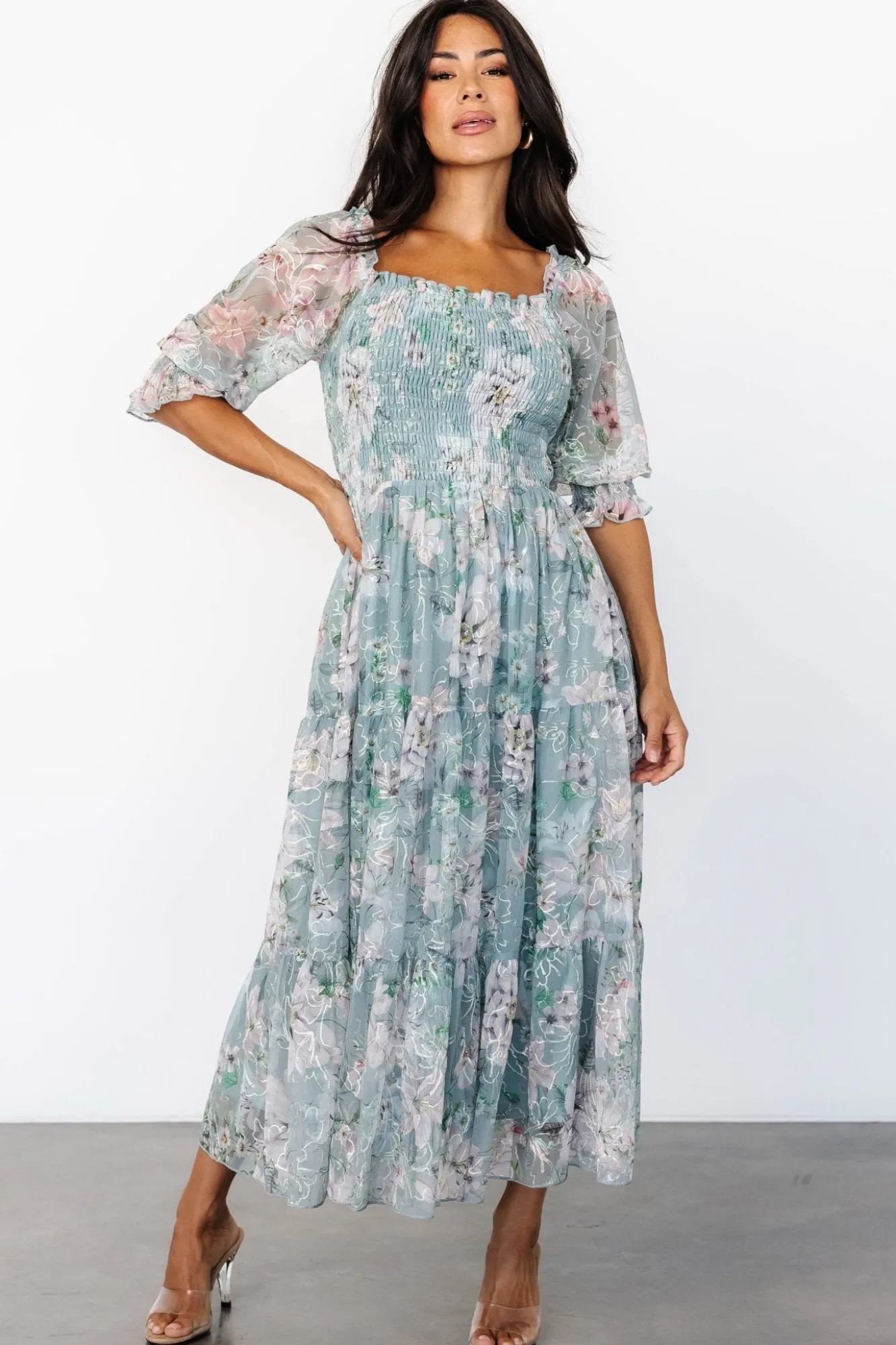 Baltic Born Fabian Jacquard Midi Dress | Light Sage + Blush