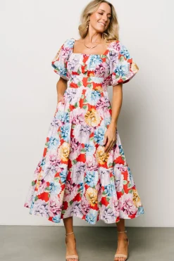 Baltic Born Iva Puff Sleeve Midi Dress | Red Multi Floral