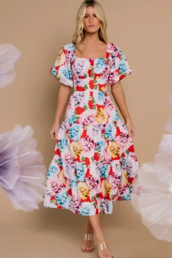 Baltic Born Iva Puff Sleeve Midi Dress | Red Multi Floral