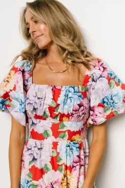 Baltic Born Iva Puff Sleeve Midi Dress | Red Multi Floral