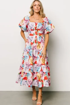 Baltic Born Iva Puff Sleeve Midi Dress | Red Multi Floral