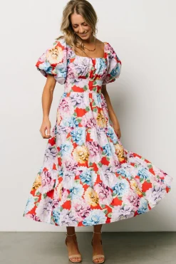 Baltic Born Iva Puff Sleeve Midi Dress | Red Multi Floral