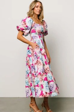 Baltic Born Iva Puff Sleeve Midi Dress | Fuchsia Multi Floral
