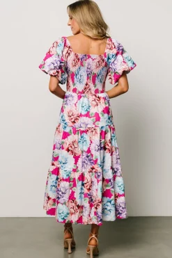 Baltic Born Iva Puff Sleeve Midi Dress | Fuchsia Multi Floral