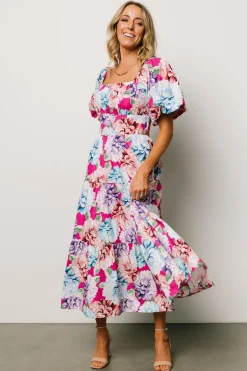 Baltic Born Iva Puff Sleeve Midi Dress | Fuchsia Multi Floral