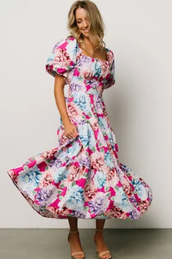 Baltic Born Iva Puff Sleeve Midi Dress | Fuchsia Multi Floral